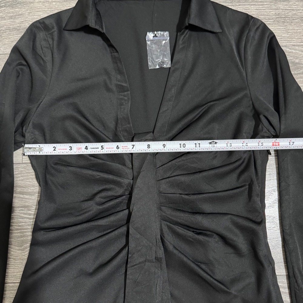 Idem Ditto Black Ruched Front Long Sleeve Collared Button Down Gothic Shirt M - Picture 10 of 14